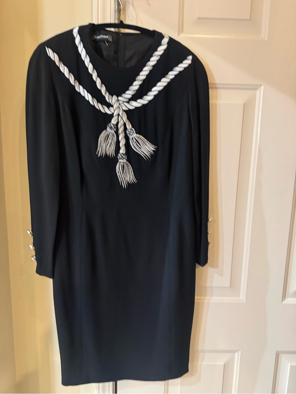 Louis Feraud Black Long-Sleeve Vintage Dress with White Rope Tassel Detail size8